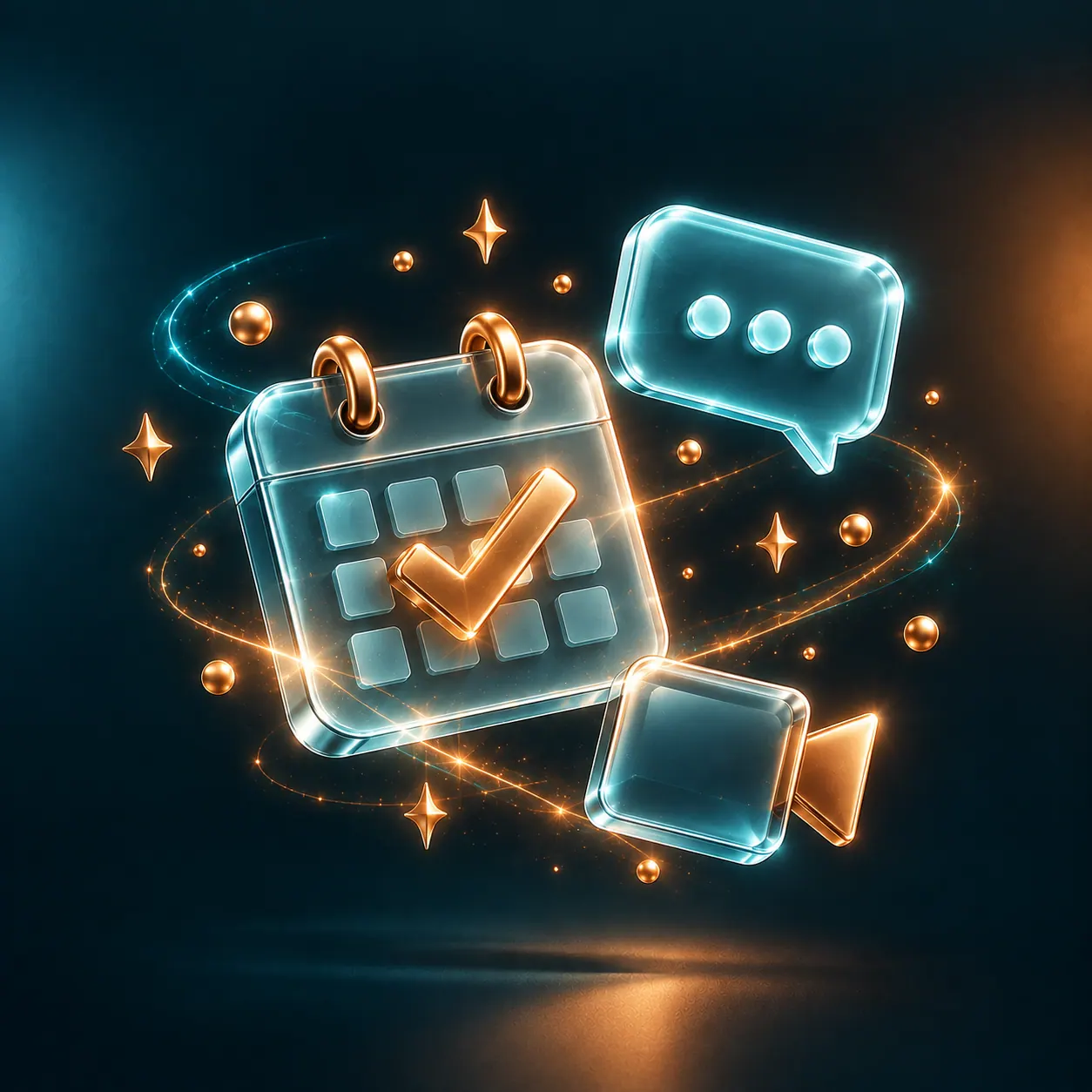 A calendar with a tick mark, a chat bubble and a video-call icon — booking a free consultation.
