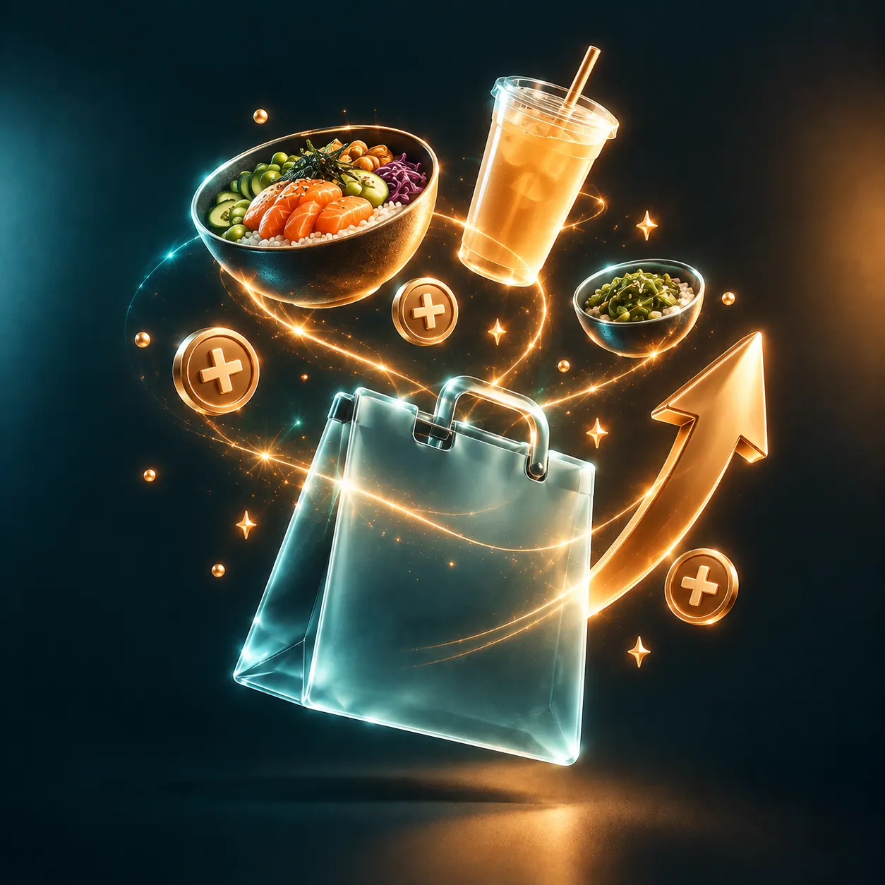 A rice bowl, an iced drink and a side dish flowing into a delivery bag marked with plus icons — add-ons that raise the average order value.