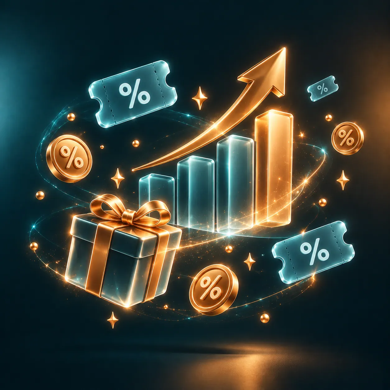 A gift box and percentage coupons beside a rising bar chart — platform promotions that pull orders without eating the margin.