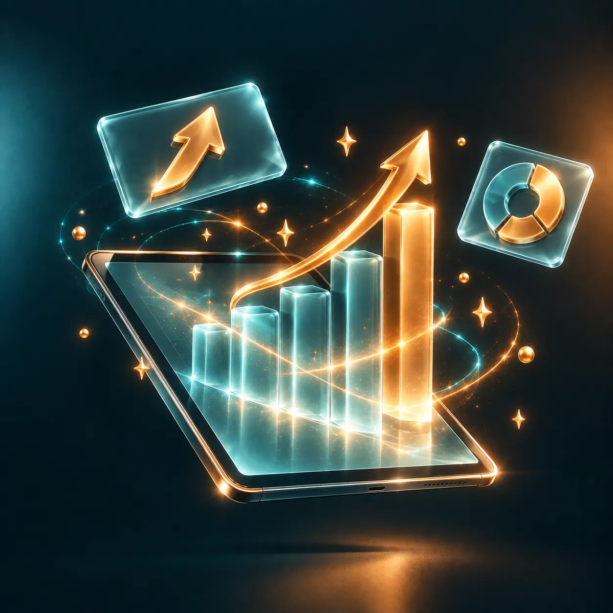 A tablet showing a rising bar chart and a pie chart — the monthly performance report.
