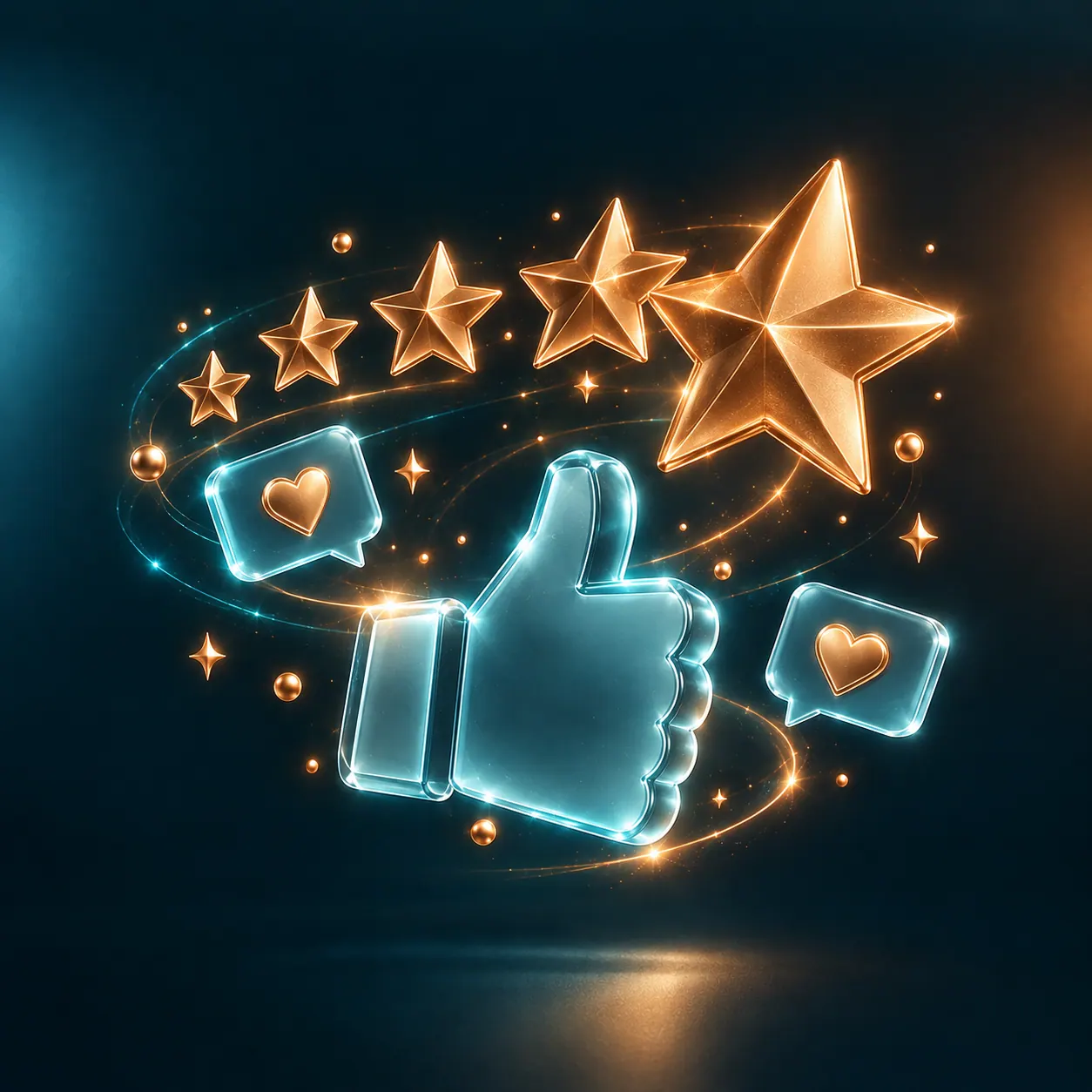 A thumbs up beside five stars and heart reactions — organic review growth that builds a storefront's rating.