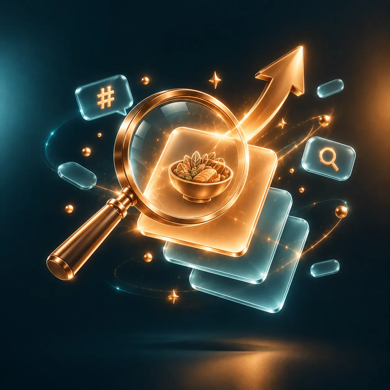 A magnifying glass held over a dish listing, with search and hashtag icons floating around it — keyword and in-app search optimisation.